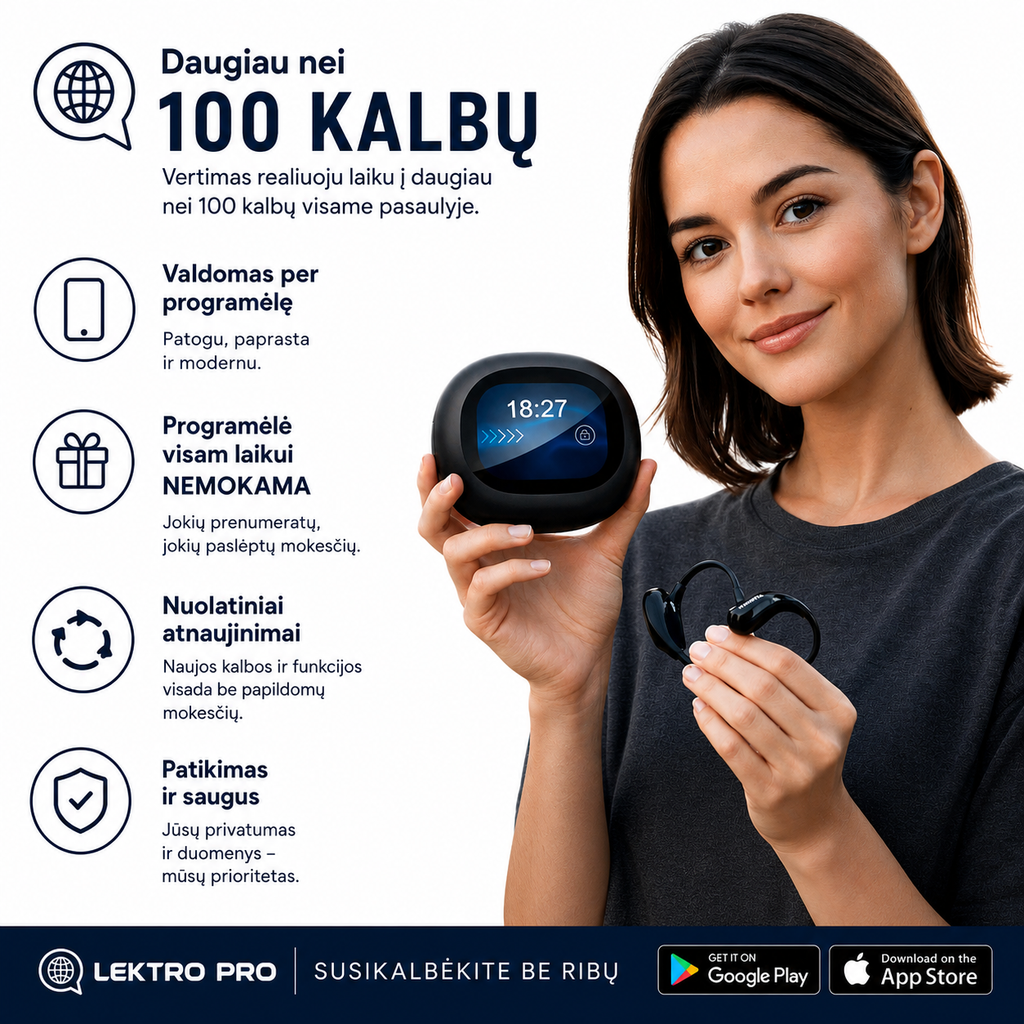 Vertimo ausinės Lektro AI - verčia daugiau nei 100 kalbų
